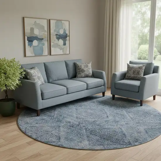 8' Blue And Gray Geometric Washable Round Rug With UV Protection Photo 2