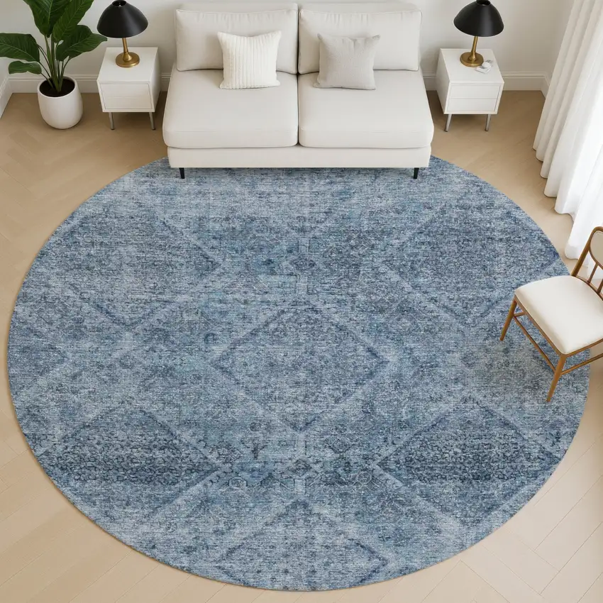 8' Blue And Gray Geometric Washable Round Rug With UV Protection Photo 4