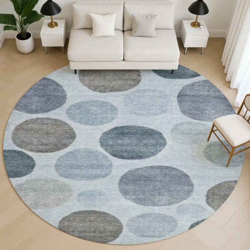 8' Blue And Gray Geometric Washable Round Rug With UV Protection Photo 5