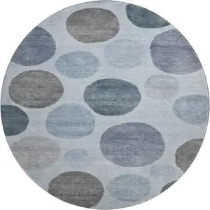 Photo of 8' Blue And Gray Geometric Washable Round Rug With UV Protection