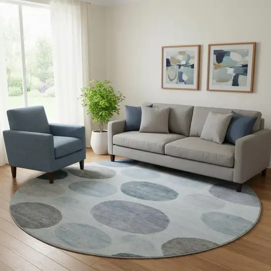 8' Blue And Gray Geometric Washable Round Rug With UV Protection Photo 2