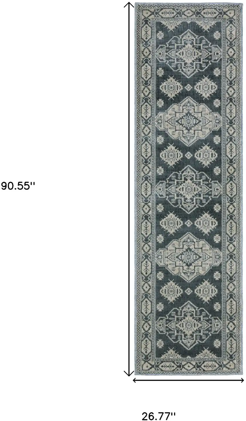 8' Blue And Gray Medallion Runner Rug Photo 3