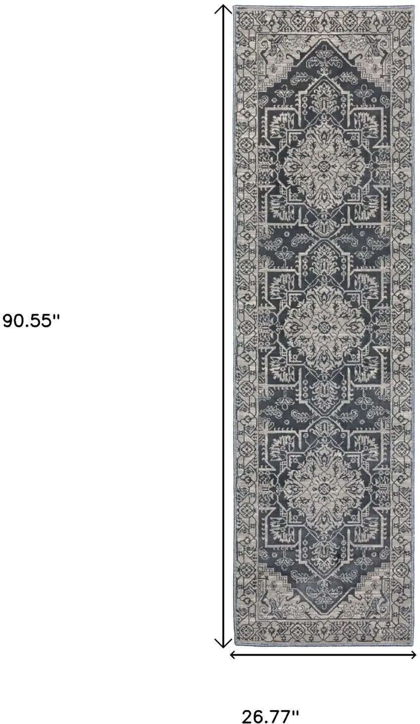8' Blue And Gray Medallion Runner Rug Photo 3