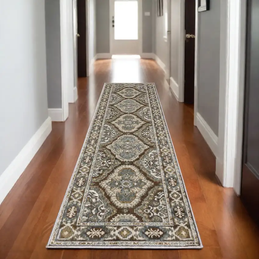 8' Blue And Gray Medallion Runner Rug Photo 1