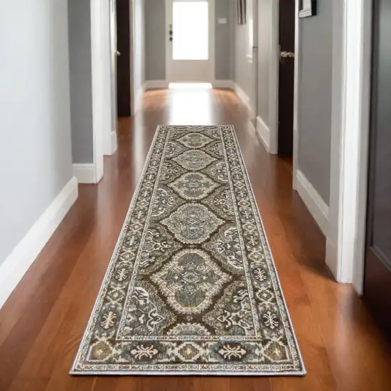 8' Blue And Gray Medallion Runner Rug Photo 1