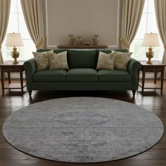 8' Blue And Gray Medallion Washable Round Rug With UV Protection Photo 1