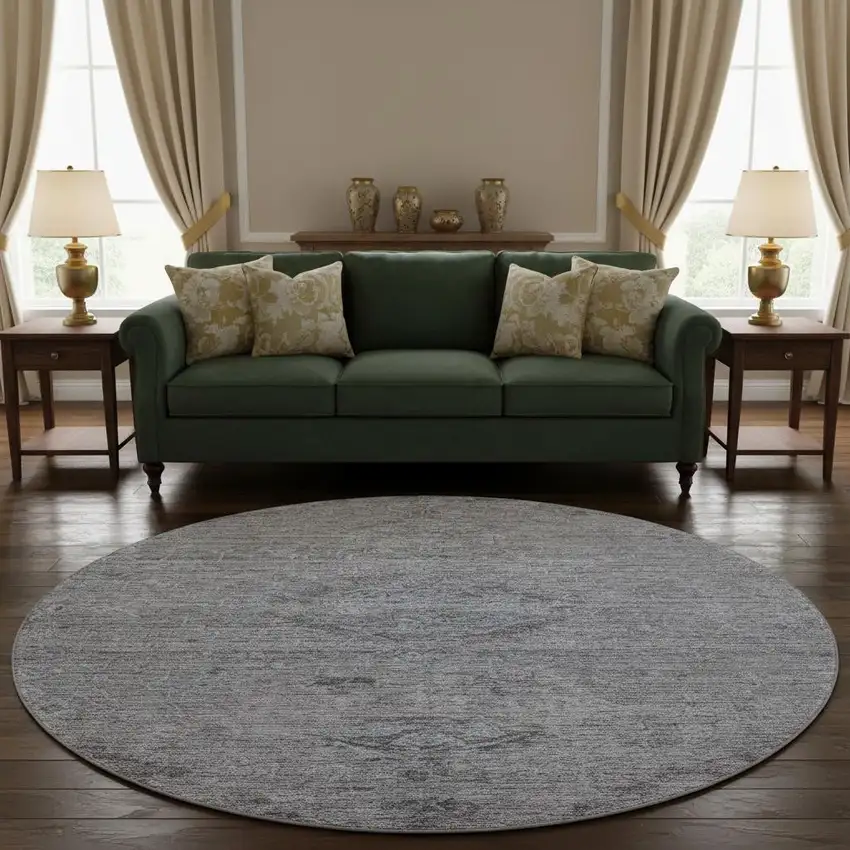 8' Blue And Gray Medallion Washable Round Rug With UV Protection Photo 1