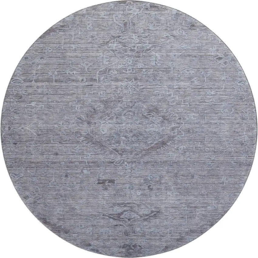 8' Blue And Gray Medallion Washable Round Rug With UV Protection Photo 1