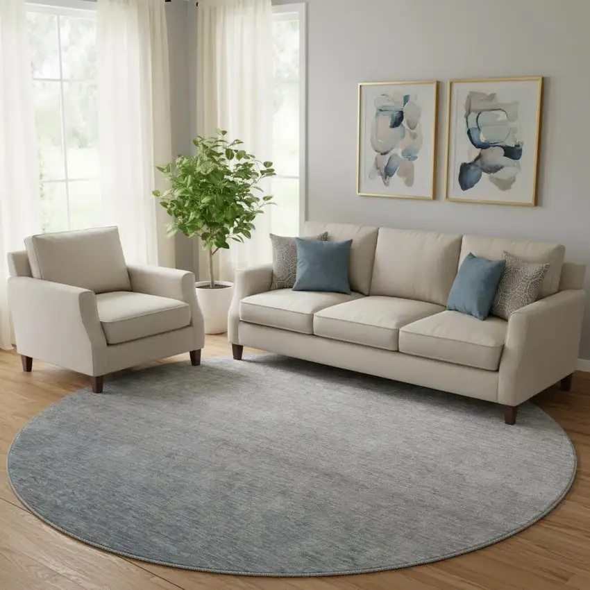 8' Blue And Gray Ombre Washable Round Rug With UV Protection Photo 1