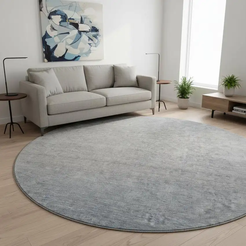 8' Blue And Gray Ombre Washable Round Rug With UV Protection Photo 2