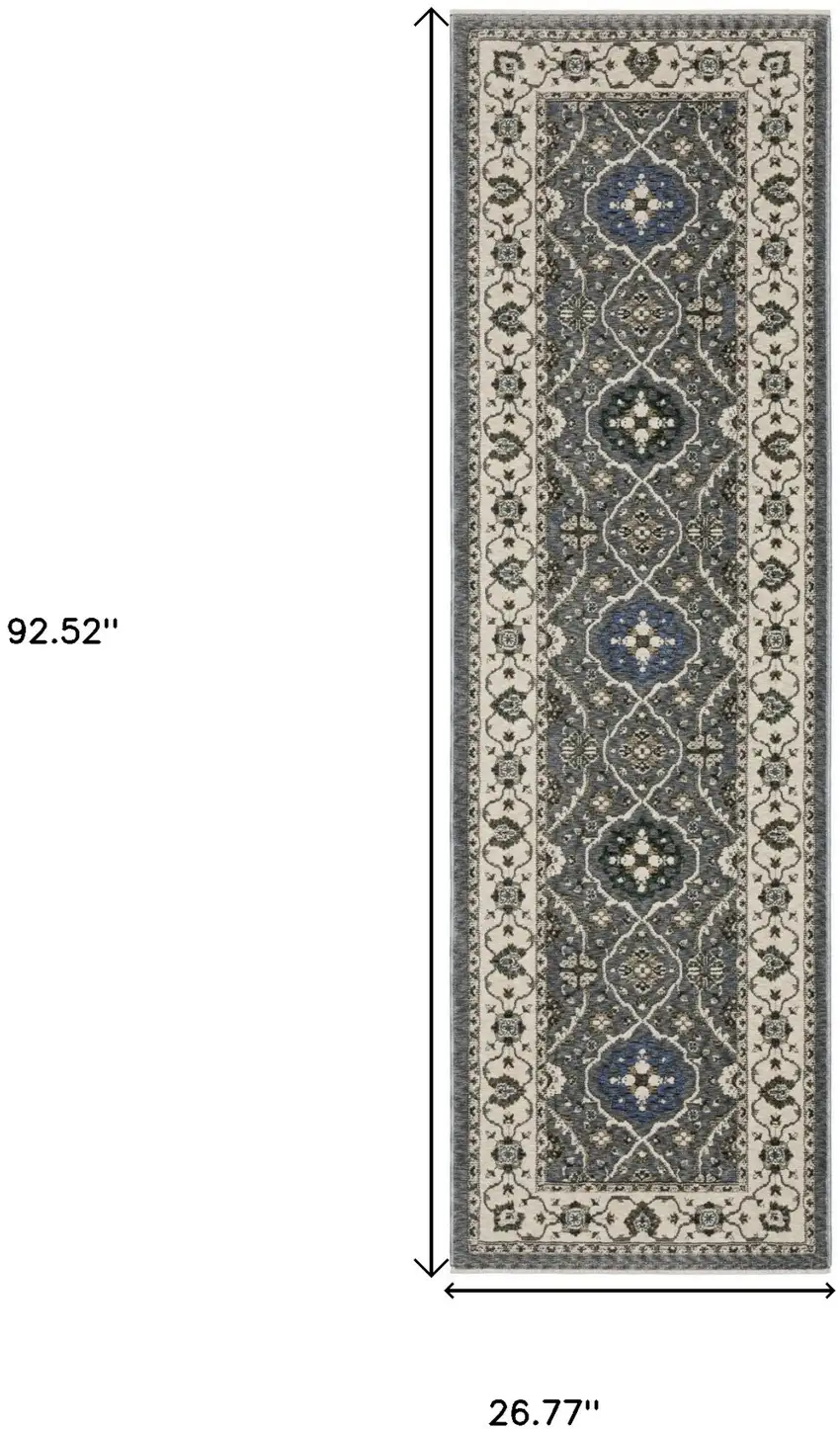 8' Blue And Gray Oriental Runner Rug With Fringe Photo 3