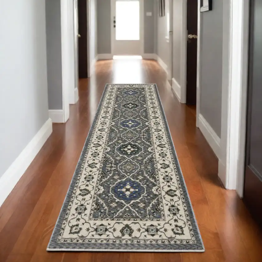 8' Blue And Gray Oriental Runner Rug With Fringe Photo 1