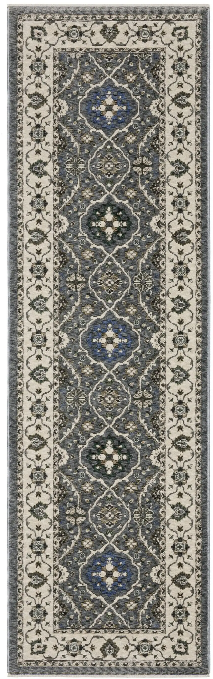 8' Blue And Gray Oriental Runner Rug With Fringe Photo 2