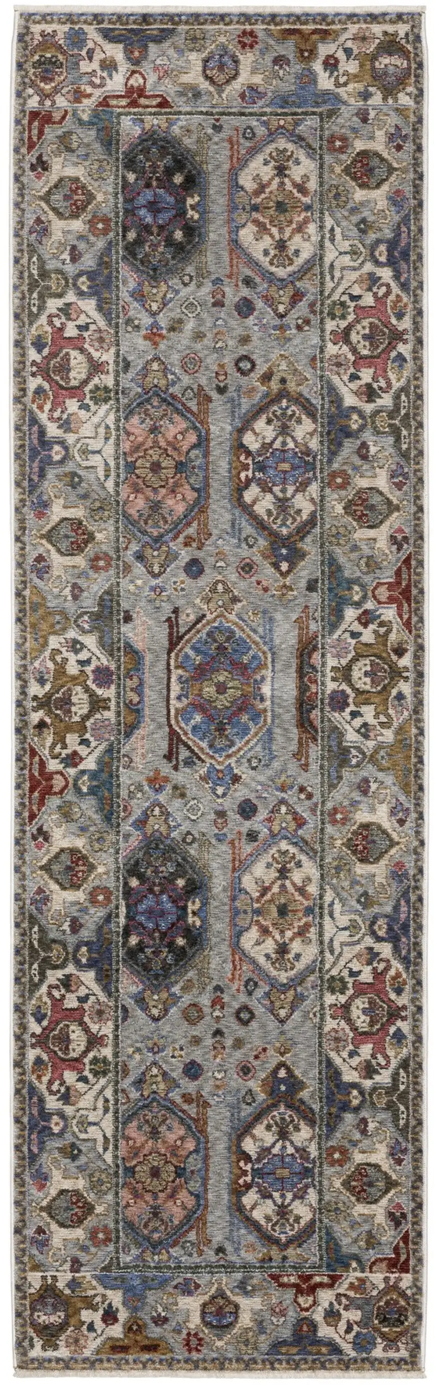 8' Blue And Gray Oriental Runner Rug With Fringe Photo 2