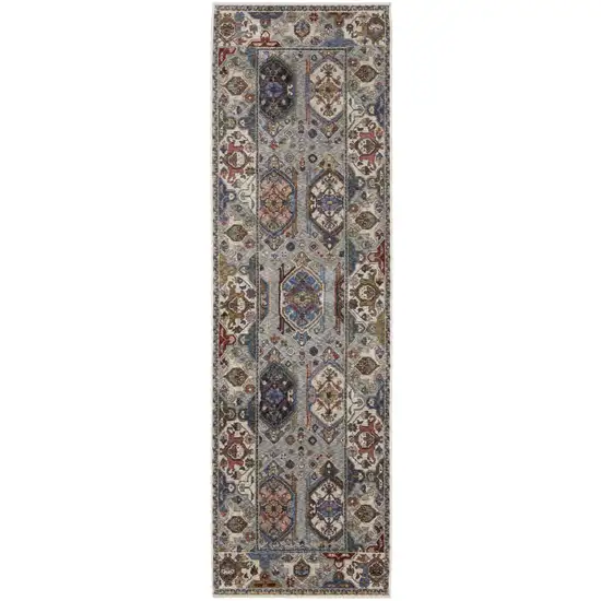 8' Blue And Gray Oriental Runner Rug With Fringe Photo 2