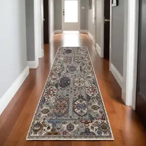 Photo of 8' Blue And Gray Oriental Runner Rug With Fringe