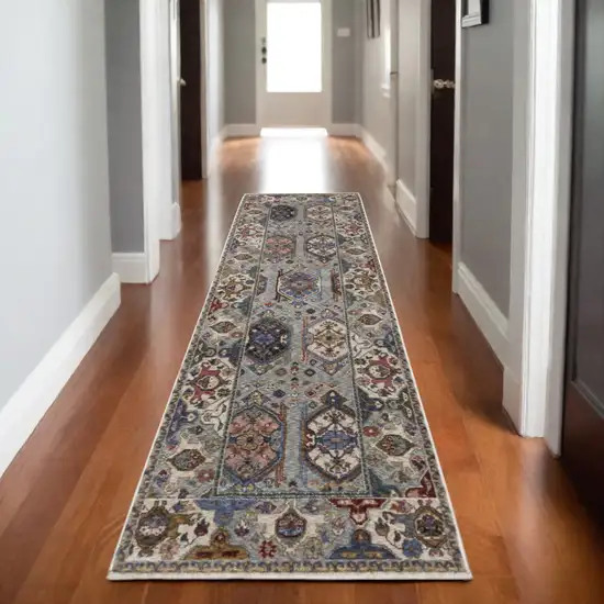 8' Blue And Gray Oriental Runner Rug With Fringe Photo 1