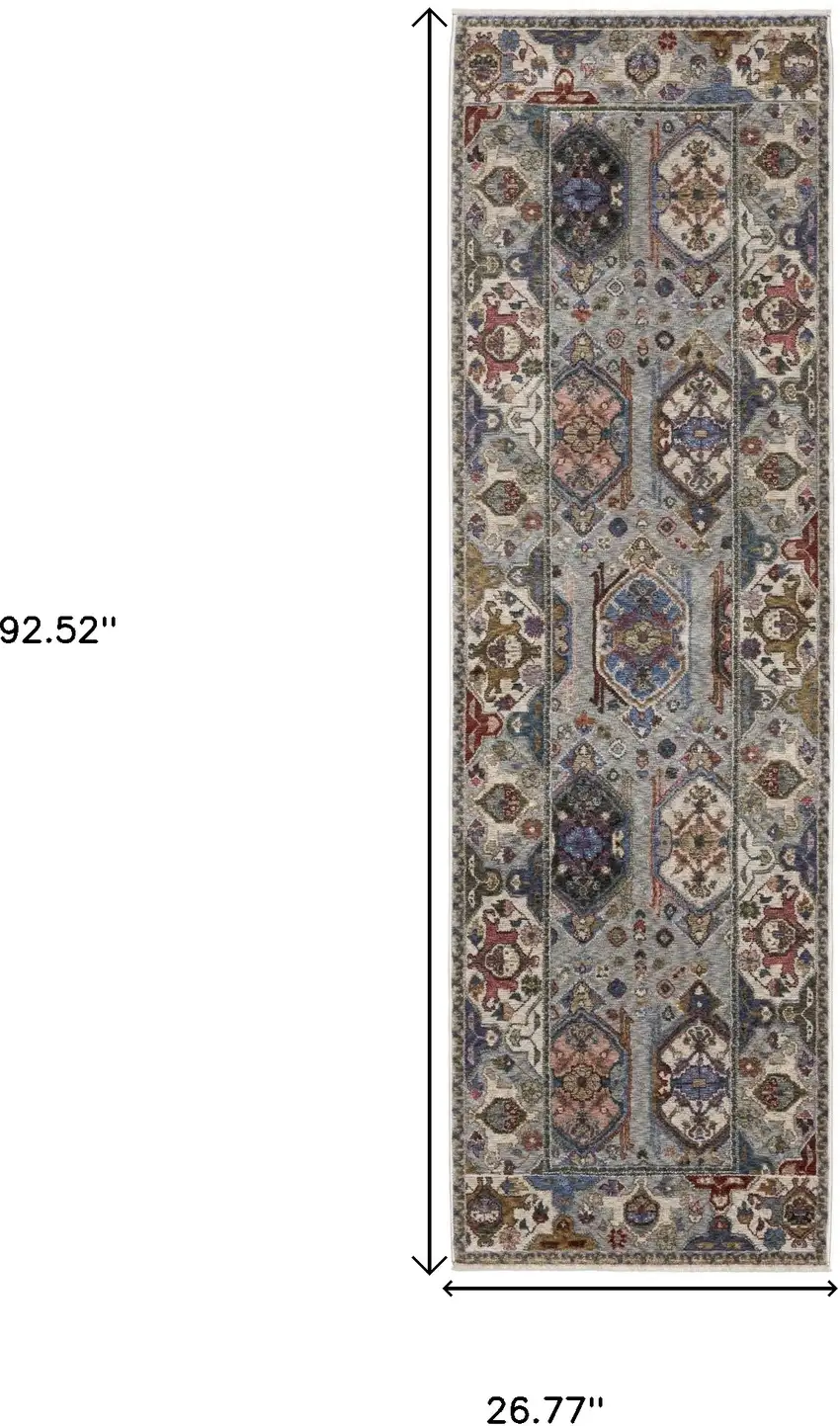 8' Blue And Gray Oriental Runner Rug With Fringe Photo 3