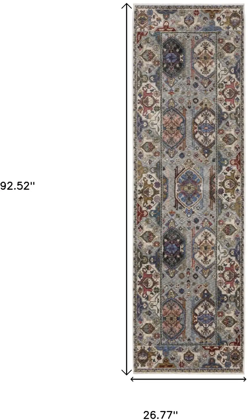 8' Blue And Gray Oriental Runner Rug With Fringe Photo 3