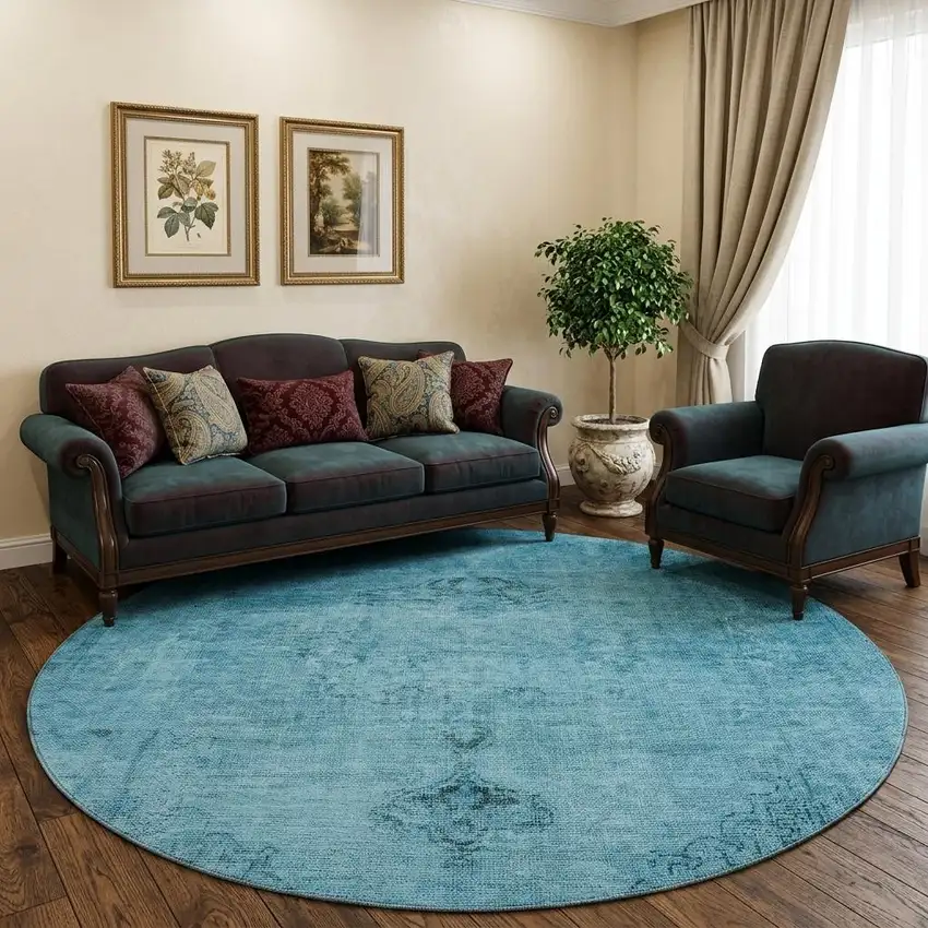 8' Blue And Gray Oriental Washable Round Rug With UV Protection Photo 1