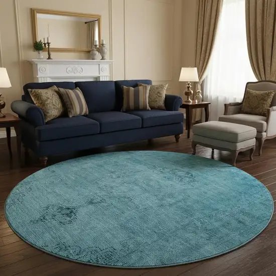 8' Blue And Gray Oriental Washable Round Rug With UV Protection Photo 2