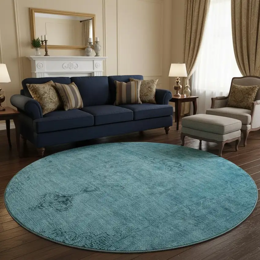 8' Blue And Gray Oriental Washable Round Rug With UV Protection Photo 2