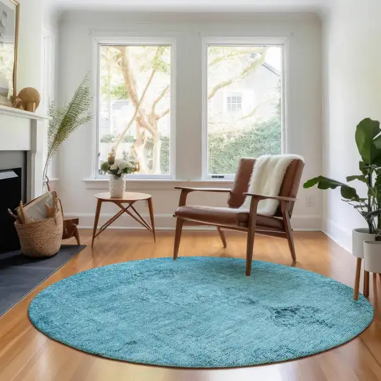 8' Blue And Gray Oriental Washable Round Rug With UV Protection Photo 5