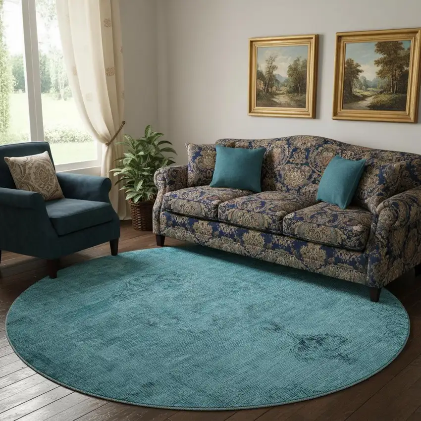 8' Blue And Gray Oriental Washable Round Rug With UV Protection Photo 1