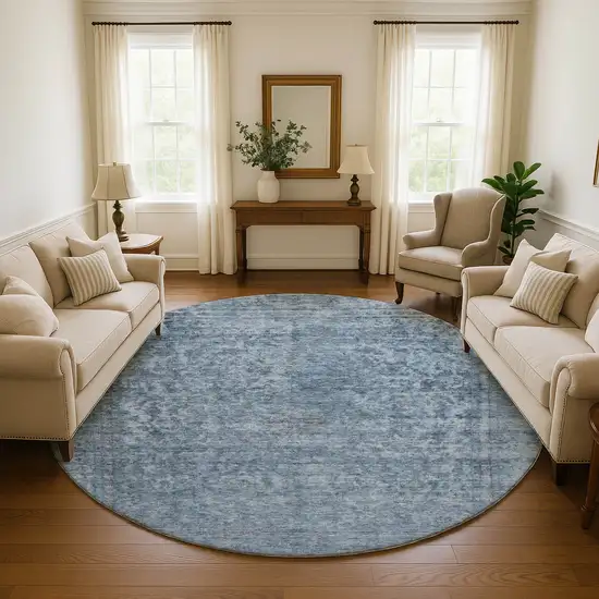 8' Blue And Gray Oriental Washable Round Rug With UV Protection Photo 4