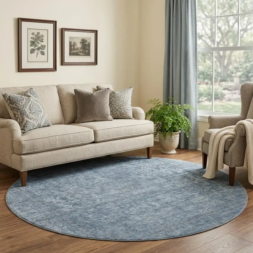 8' Blue And Gray Oriental Washable Round Rug With UV Protection Photo 1