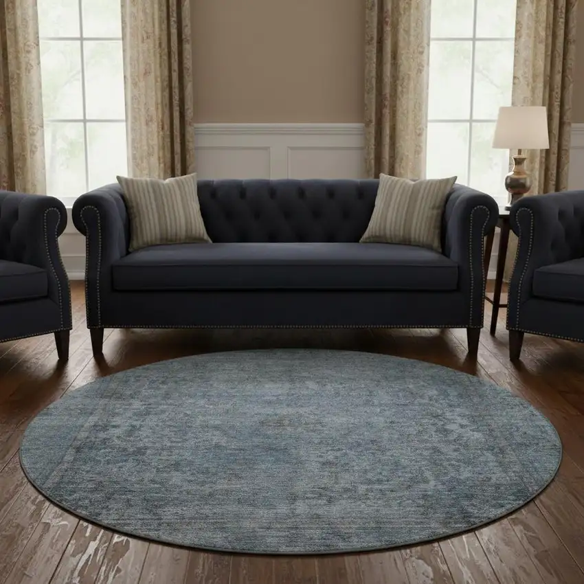 8' Blue And Gray Oriental Washable Round Rug With UV Protection Photo 2