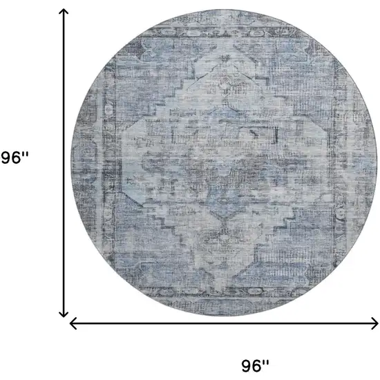 8' Blue And Gray Oriental Washable Round Rug With UV Protection Photo 9