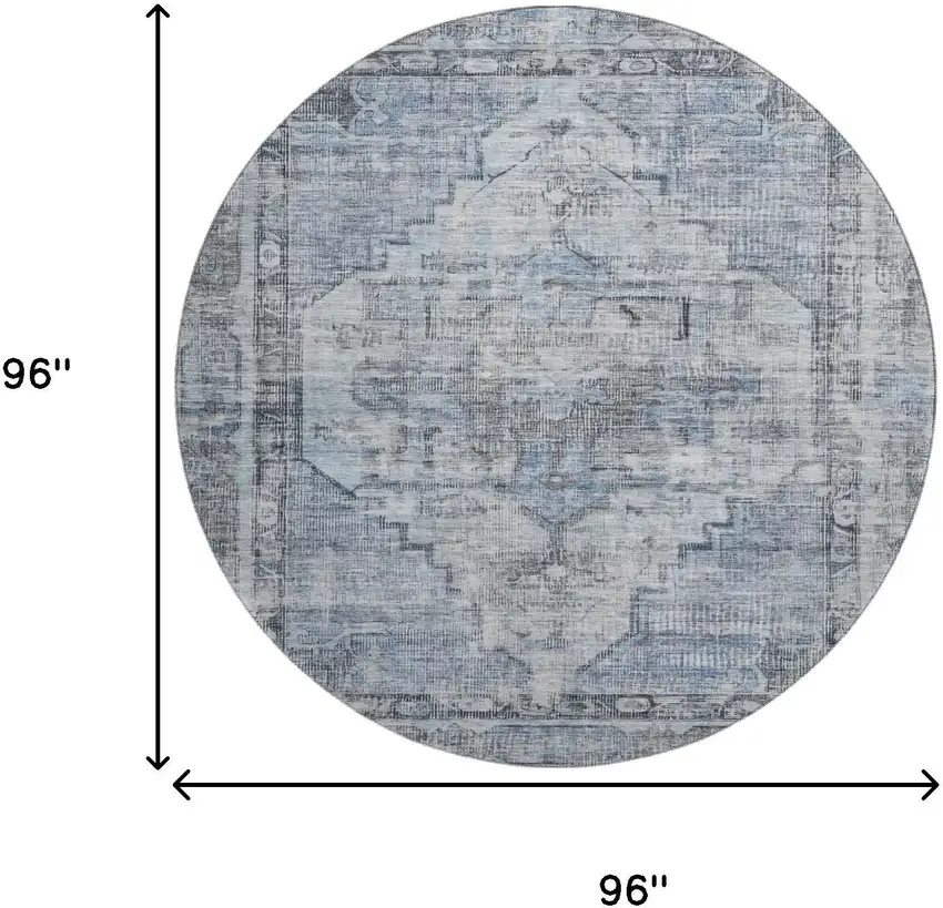 8' Blue And Gray Oriental Washable Round Rug With UV Protection Photo 9