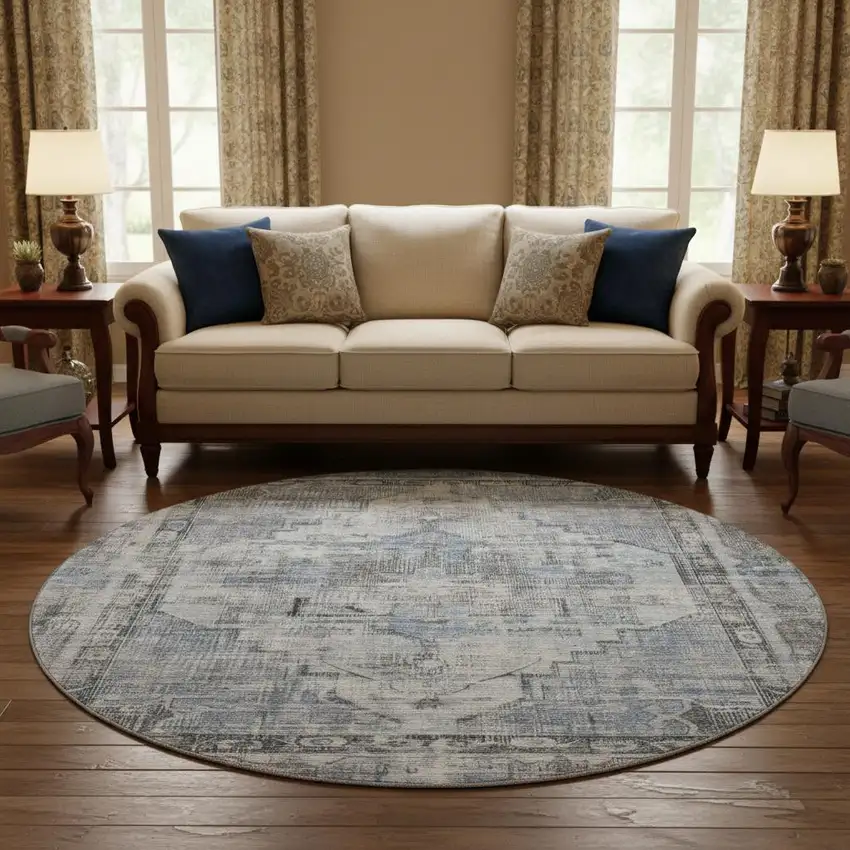 8' Blue And Gray Oriental Washable Round Rug With UV Protection Photo 2