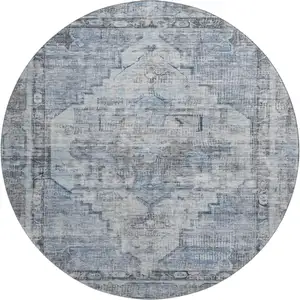 Photo of 8' Blue And Gray Oriental Washable Round Rug With UV Protection