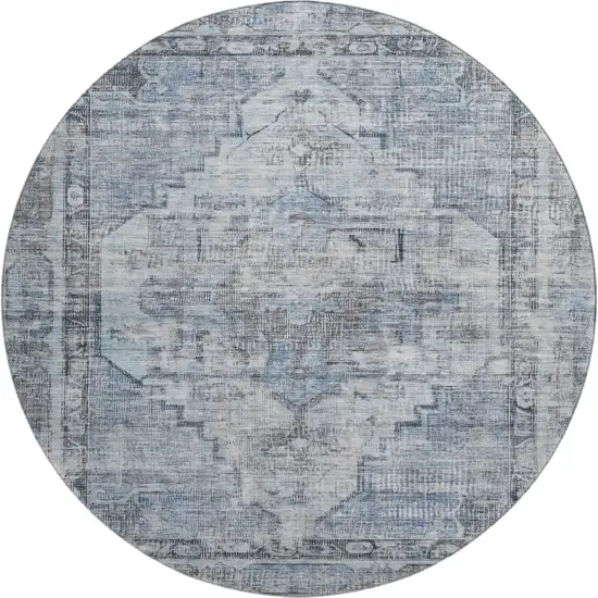 8' Blue And Gray Oriental Washable Round Rug With UV Protection Photo 1