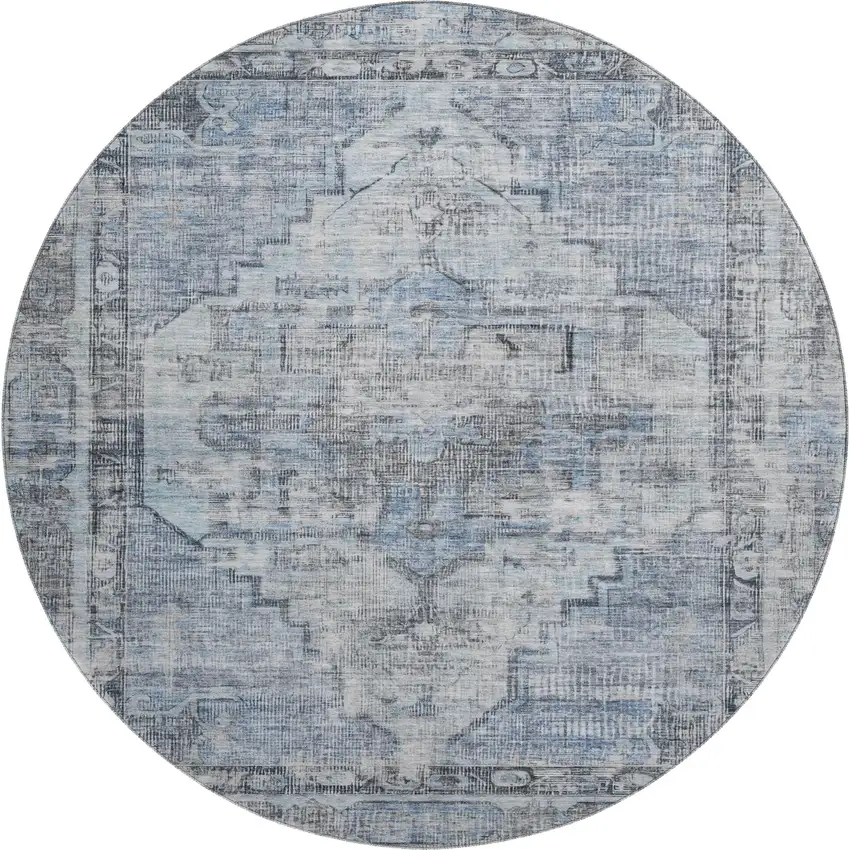 8' Blue And Gray Oriental Washable Round Rug With UV Protection Photo 1