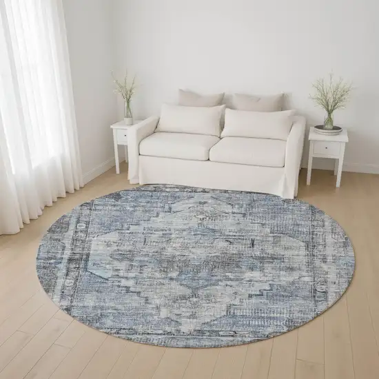 8' Blue And Gray Oriental Washable Round Rug With UV Protection Photo 4
