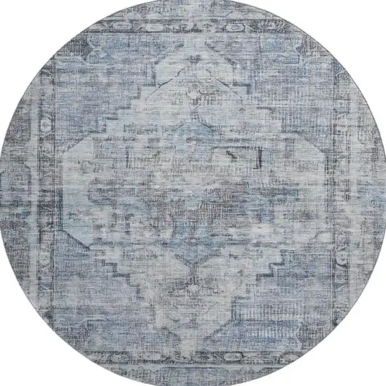 8' Blue And Gray Oriental Washable Round Rug With UV Protection Photo 3