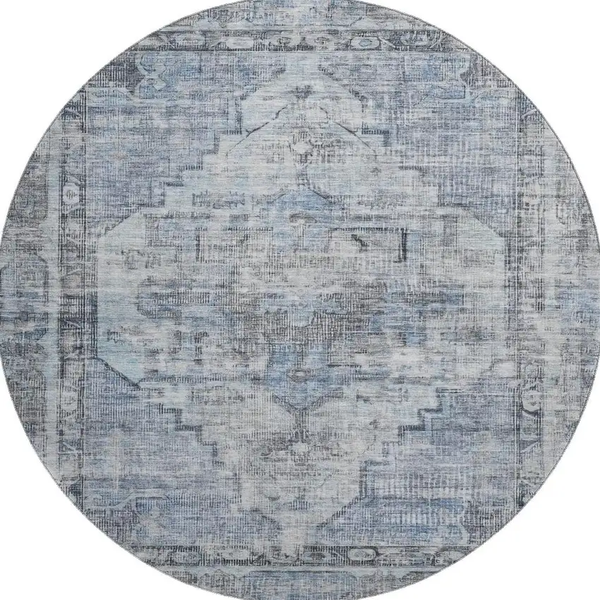 8' Blue And Gray Oriental Washable Round Rug With UV Protection Photo 3