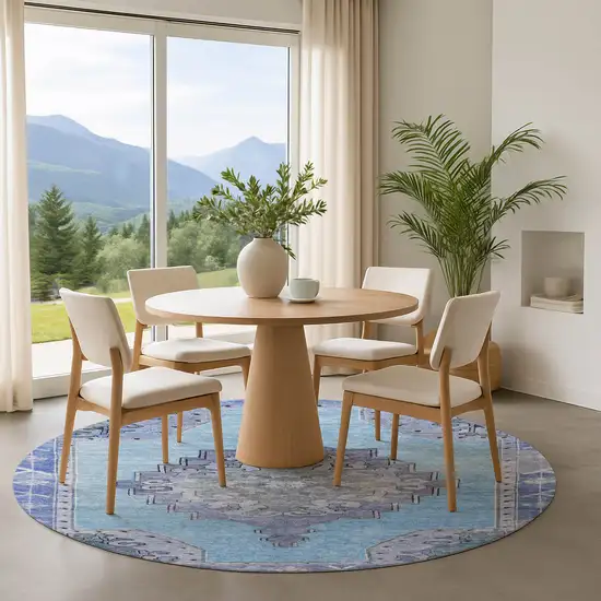 8' Blue And Gray Oriental Washable Round Rug With UV Protection Photo 4