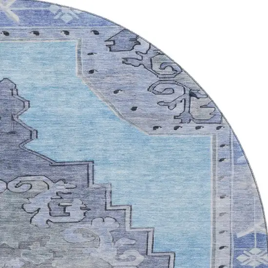 8' Blue And Gray Oriental Washable Round Rug With UV Protection Photo 2