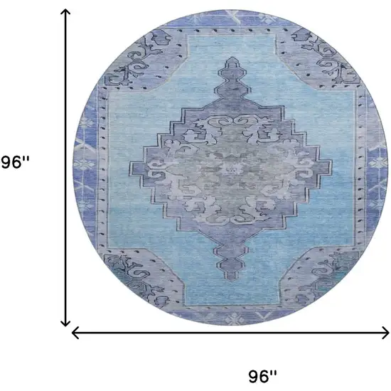 8' Blue And Gray Oriental Washable Round Rug With UV Protection Photo 9
