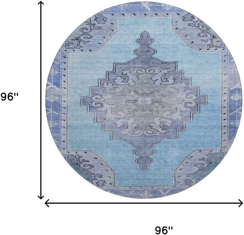8' Blue And Gray Oriental Washable Round Rug With UV Protection Photo 9