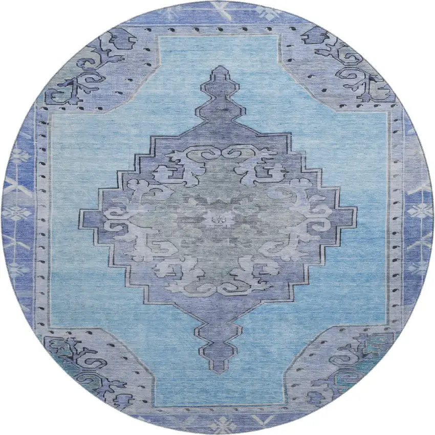8' Blue And Gray Oriental Washable Round Rug With UV Protection Photo 1