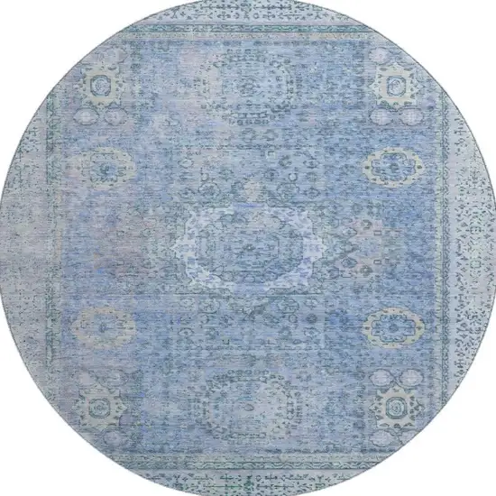 8' Blue And Gray Oriental Washable Round Rug With UV Protection Photo 3
