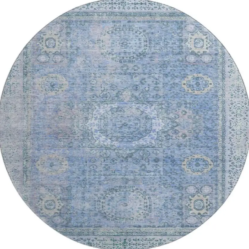 8' Blue And Gray Oriental Washable Round Rug With UV Protection Photo 3