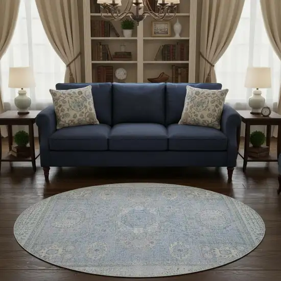 8' Blue And Gray Oriental Washable Round Rug With UV Protection Photo 2