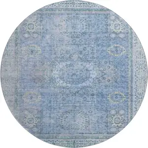 Photo of 8' Blue And Gray Oriental Washable Round Rug With UV Protection