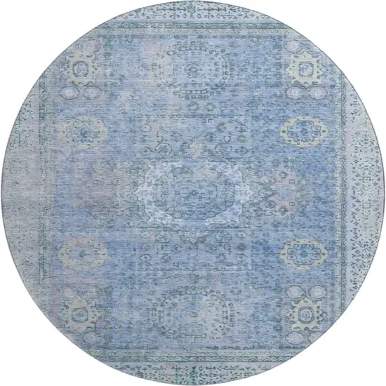 8' Blue And Gray Oriental Washable Round Rug With UV Protection Photo 1